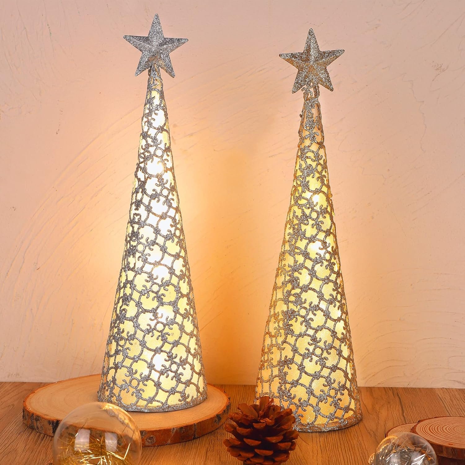 Juegoal Lighted Christmas Table Decorations with Star and 10 LED Lights Battery Operated, Indoor Xmas Thanksgiving Holiday Wedding Party Tabletop Desk Ornament, Set of 2 (Gold, Silver) - Image 8
