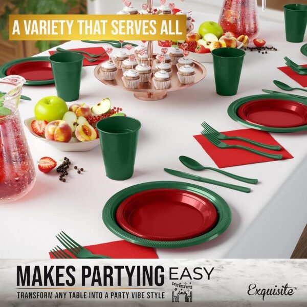 364 Pcs Christmas Disposable Plates For Party, Christmas Plastic Plates Set Includes: 52 Of Each 9" Plastic Dinner Plates, 7" Dessert Plates, Cups, Napkins & Cutlery Plastic Dinnerware Set Exquisite - Image 5