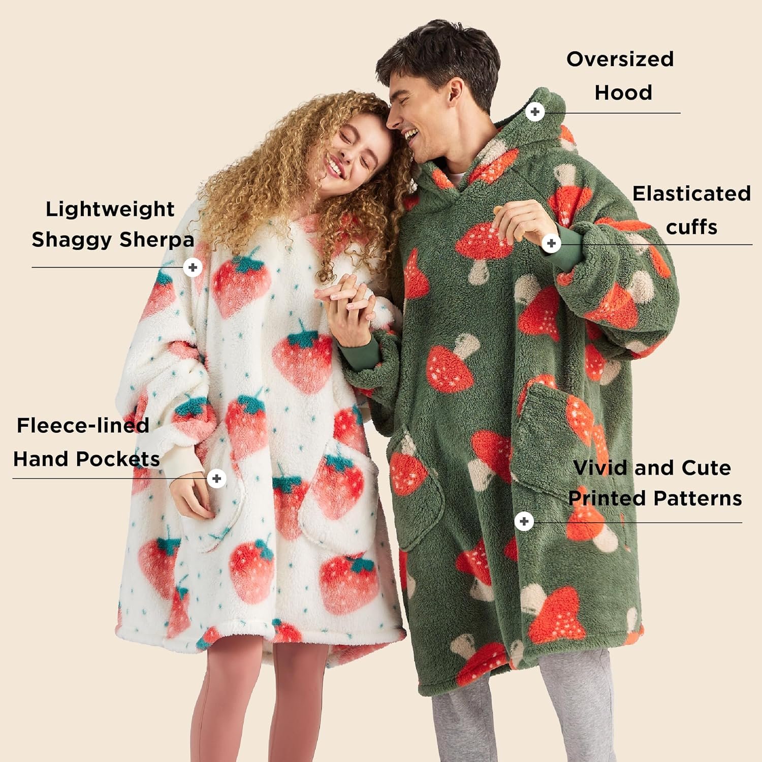 Bedsure Wearable Blanket Hoodie Gifts for Women - Strawberry Printed Shaggy Sherpa Cozy Hoodie Blanket for Adult, Warm Hooded Blanket Sweatshirt - Image 3