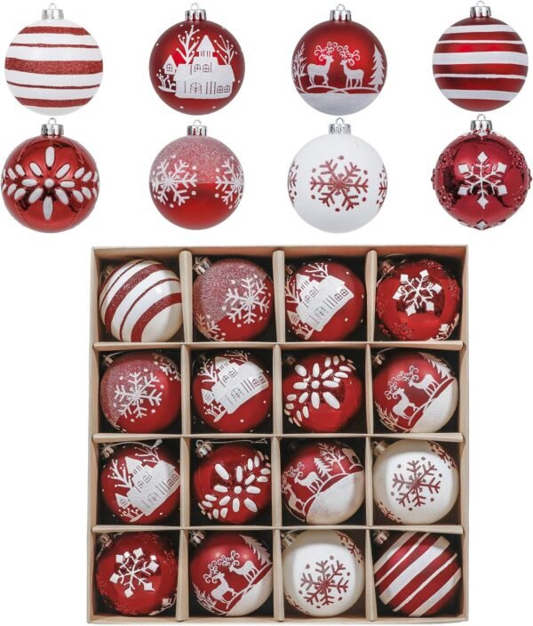 Valery Madelyn Christmas Tree Decorations Set, 16ct Red and White Shatterproof Christmas Ball Ornaments Bulk, 3.15 Inch Traditional Hanging Ornaments for Christmas Trees Xmas Holiday Party Decor - Image 2