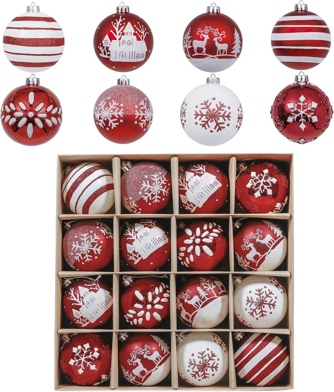 Valery Madelyn Christmas Tree Decorations Set, 16ct Red and White Shatterproof Christmas Ball Ornaments Bulk, 3.15 Inch Traditional Hanging Ornaments for Christmas Trees Xmas Holiday Party Decor - Image 2