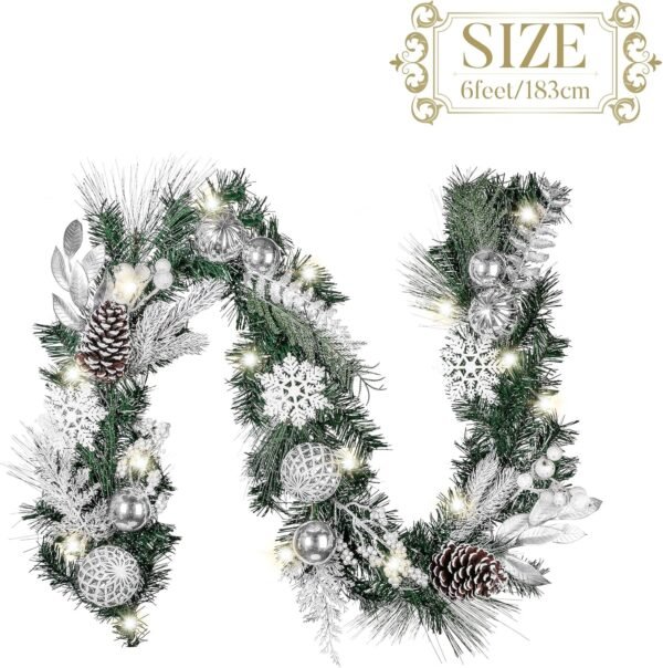 Valery Madelyn 6 feet Pre-Lit Christmas Garland with Lights for Mantle, Lighted Battery Operated Xmas Garland with Silver White Balls Snowflake for Front Door Fireplace Table Centerpiece Outdoor Decor - Image 7