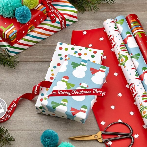 Hallmark Reversible Christmas Wrapping Paper for Kids (3 Rolls: 120 sq. ft. ttl) Orange and Teal Stripes, Trees, Ornaments, Polka Dots - Image 3