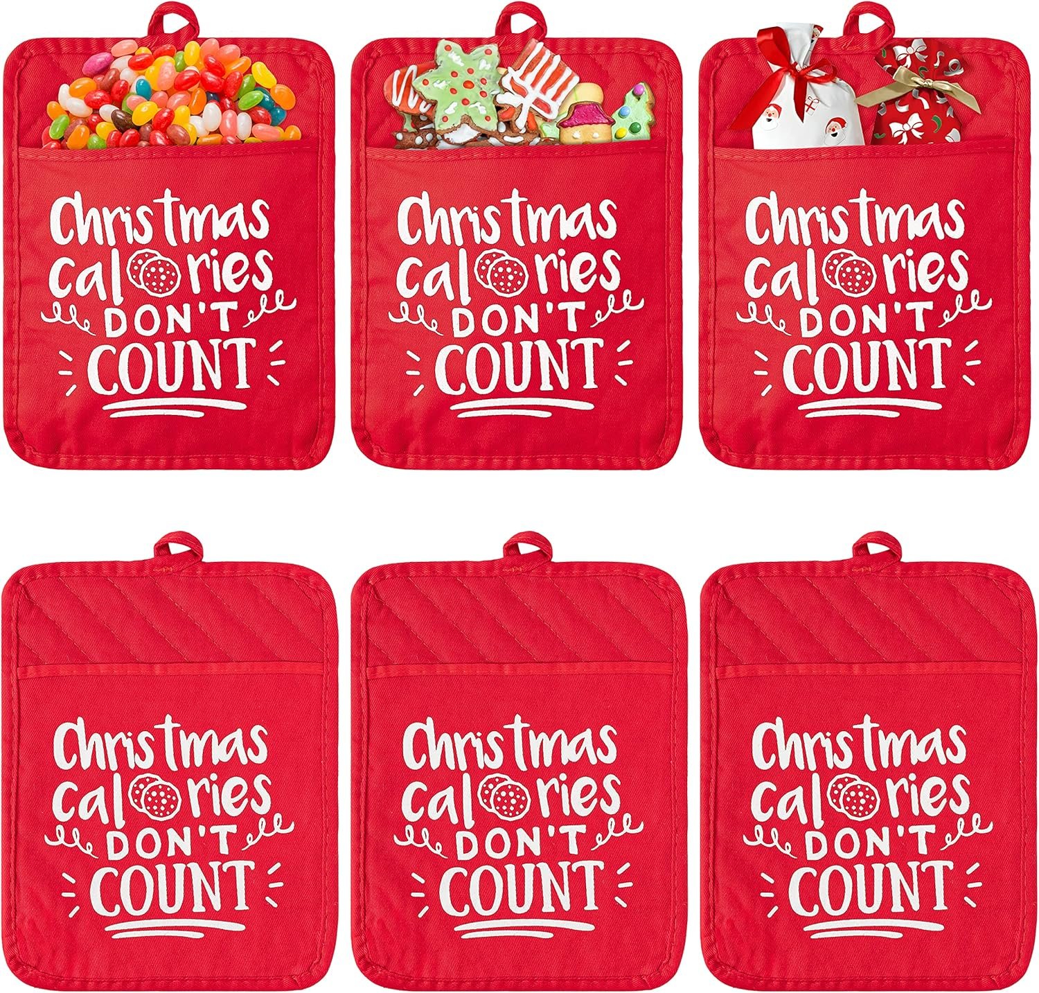 R HORSE 6 Pieces Christmas Pot Holders with Pocket Xmas Cotton Potholders for Kitchen Machine Washable Oven Mitts Heat Resistant Hot Pads Red Cookie Bag for Christmas Kitchen Gift 7 x 9 in - Image 2