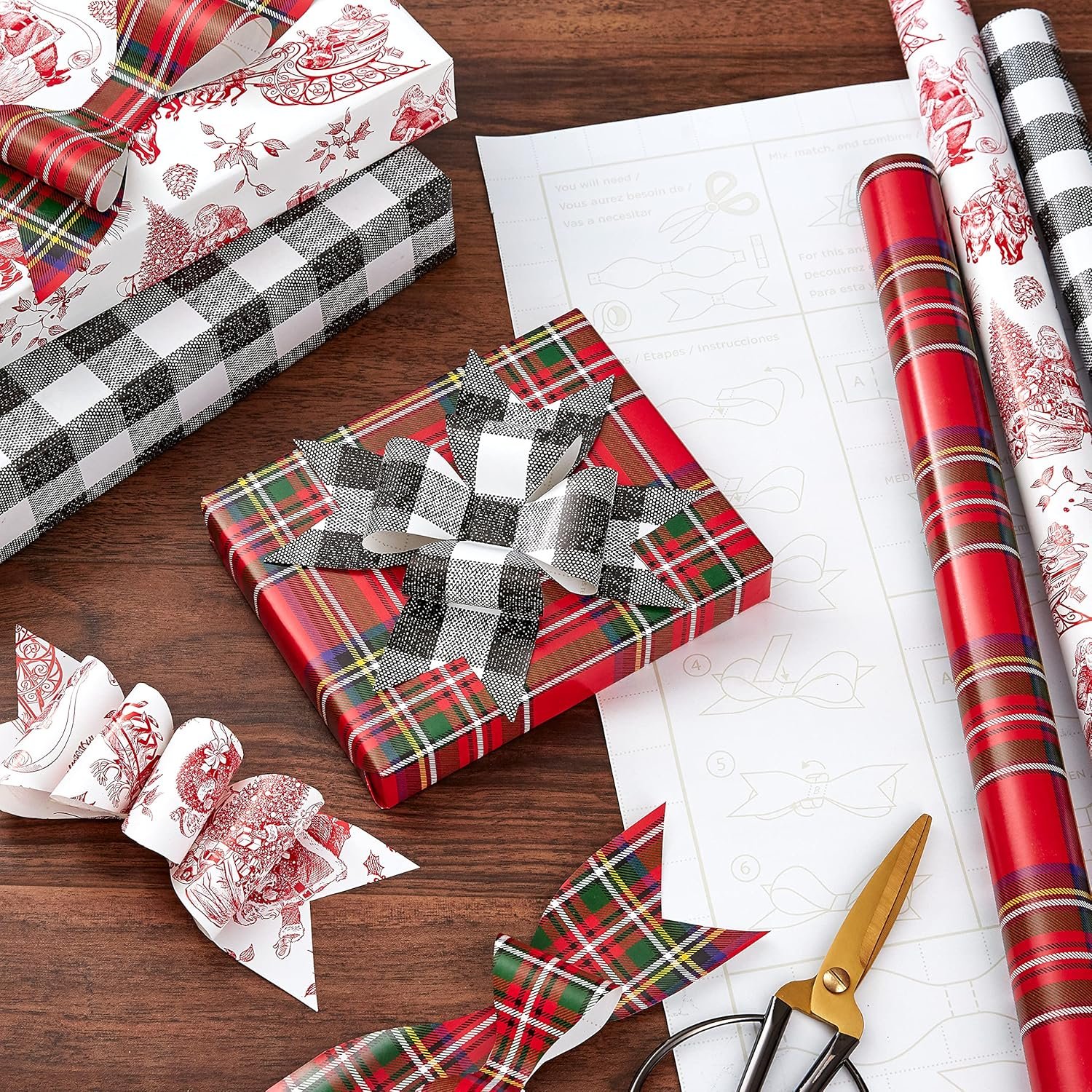 Hallmark Holiday Plaid Wrapping Paper with Cutlines and Optional DIY Bow Templates on Reverse (3-Pack: 120 Sq. Ft. Ttl) Red Toile, Black Buffalo Check, Plaid for Christmas, Birthdays, Weddings, Crafts - Image 3