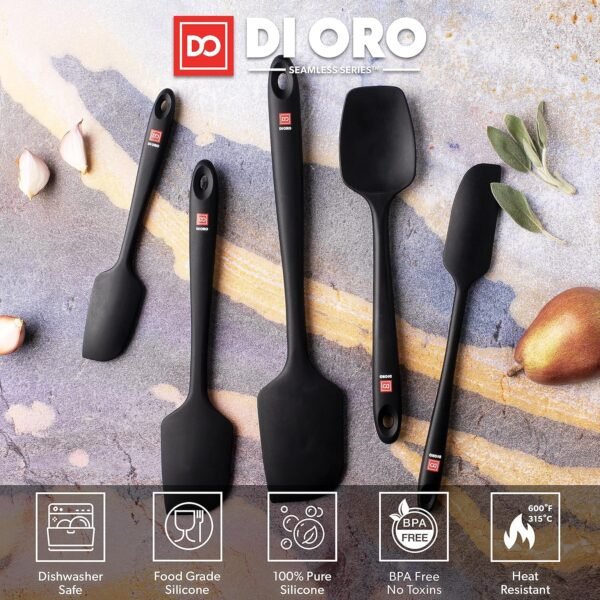 DI ORO Silicone Spatula Set - Rubber Kitchen Spatulas for Baking, Cooking, & Mixing - 600°F Heat-Resistant & BPA Free Silicone Scraper Spatulas for Nonstick Cookware - Dishwasher Safe (5pc, Black) - Image 4