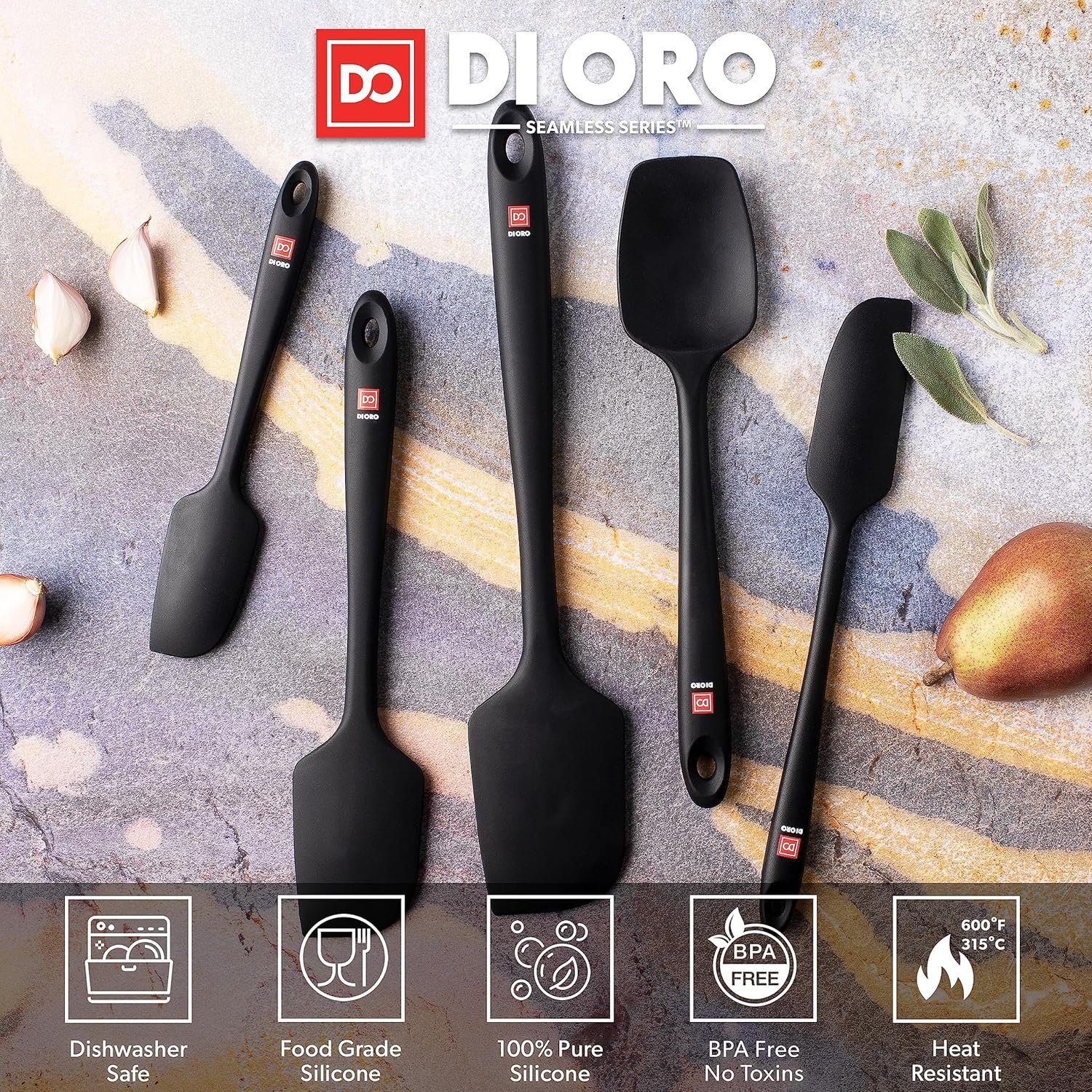 DI ORO Silicone Spatula Set - Rubber Kitchen Spatulas for Baking, Cooking, & Mixing - 600°F Heat-Resistant & BPA Free Silicone Scraper Spatulas for Nonstick Cookware - Dishwasher Safe (5pc, Black) - Image 4
