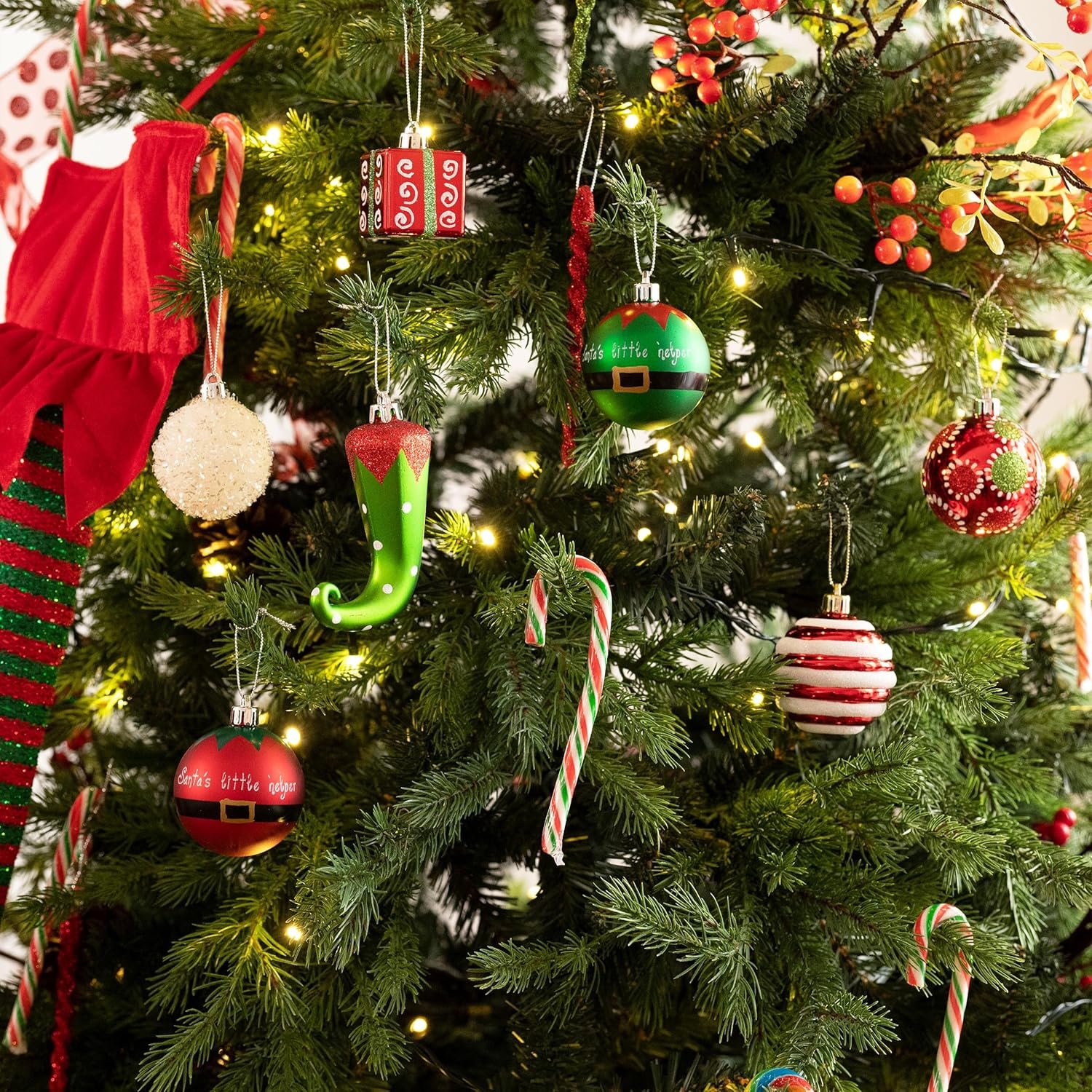 Valery Madelyn 100ct Christmas Ball Ornaments Set, Elf Red Green White Shatterproof Christmas Tree Decorations Variety Ornaments Bulk, Whimsical Hanging Ornaments for Xmas Trees Holiday Party Decor - Image 3