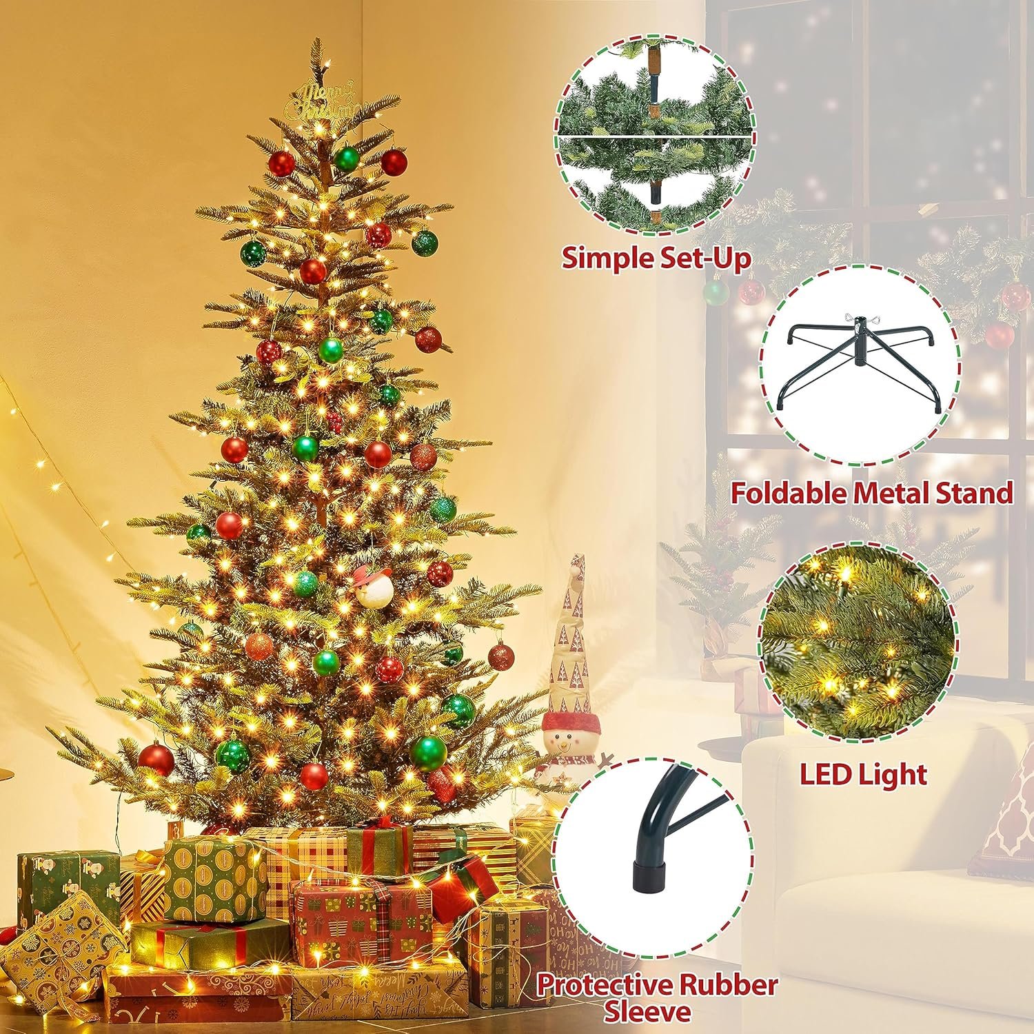Yaheetech 6ft Pre-lit Aspen Fir Artificial Christmas Tree with 400 Incandescent Warm Lights Full Prelighted Xmas Tree w/828 Branch Tips & Foldable Stand for Home Holiday Decor, Green - Image 5